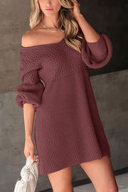 Solid Color V-neck Puff Sleeve Casual Knitted Mini Dress