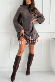 Cozy Ember Knit High Neck Long Sleeve Relaxed Sweater Mini Dress