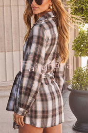 Ashroot Plaid Button Up Wrap Tie Long Sleeve Shirt Mini Dress