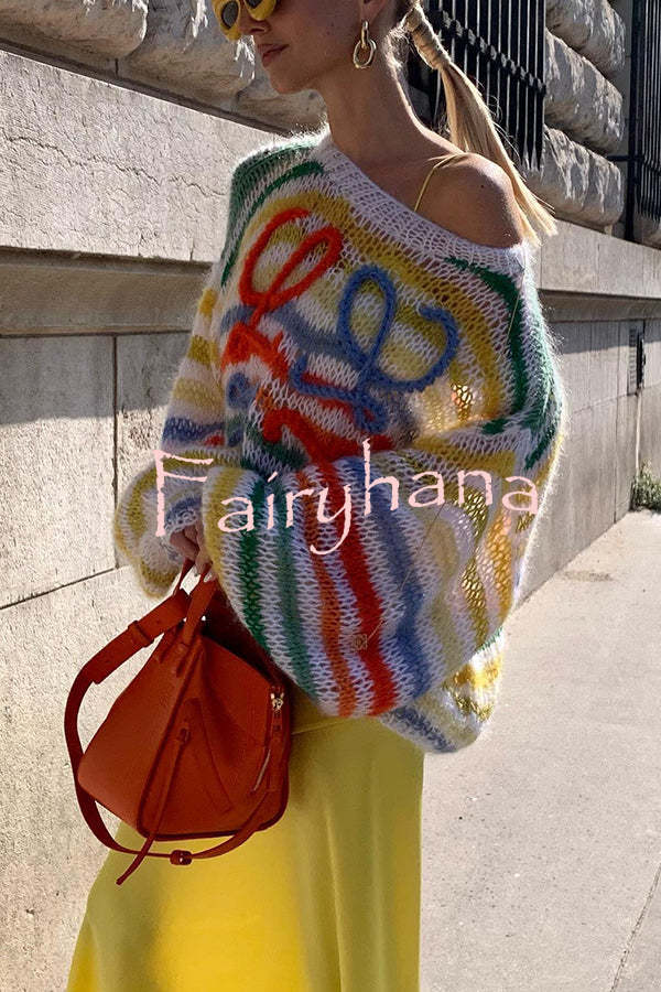 Sunset Cosy Knit Rainbow Contrast Striped Hollow Out Loose Sweater