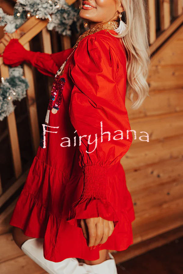 Nutcracker Sequined Button Down Long Sleeve Mini Dress