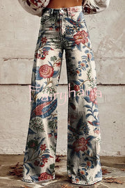 Casual Floral Print Button Pocket Wide Leg Pants