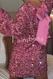 Dance All Night Sequin Back Tie Up Bow Loose Mini Dress