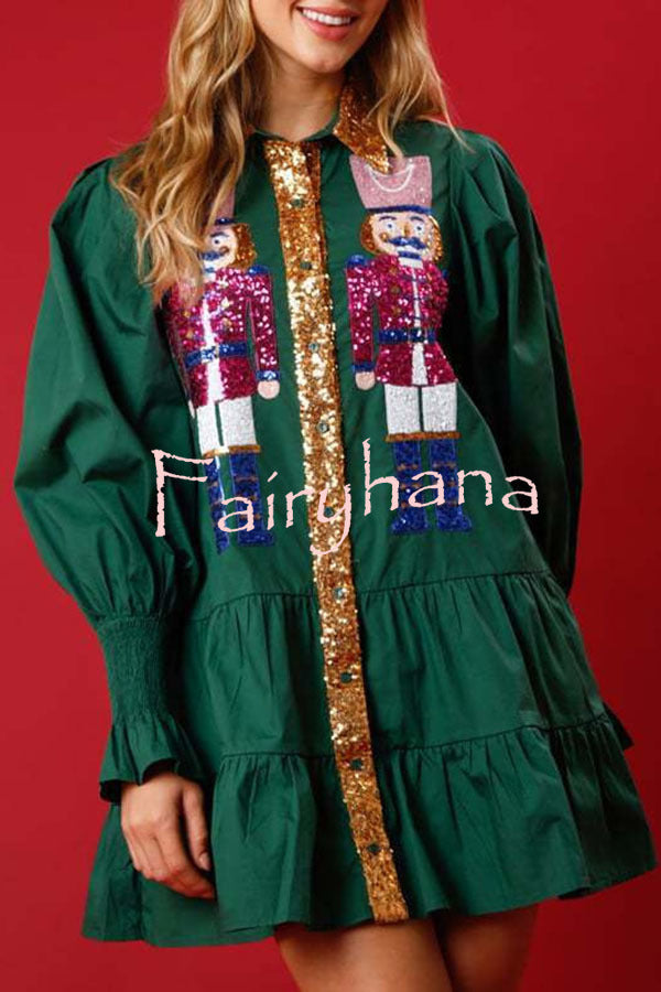 Nutcracker Sequined Button Down Long Sleeve Mini Dress