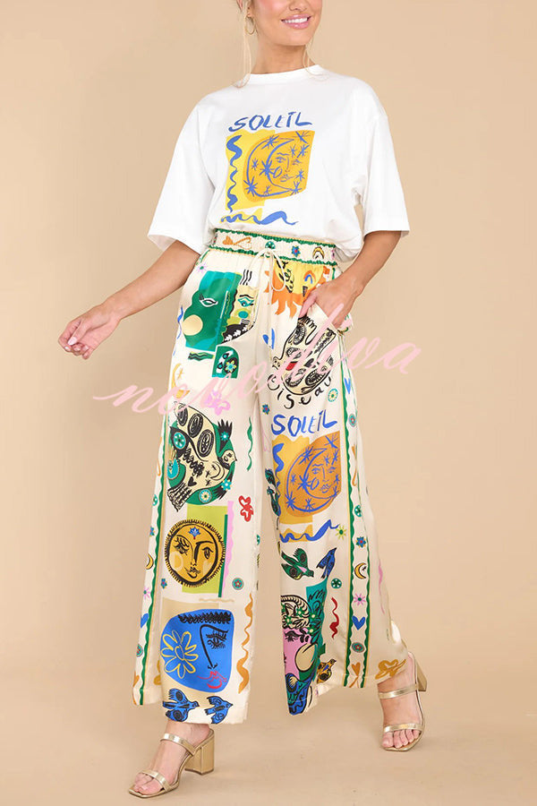 Meralda Unique Print Elastic Waist Pocketed Wide Leg Pants