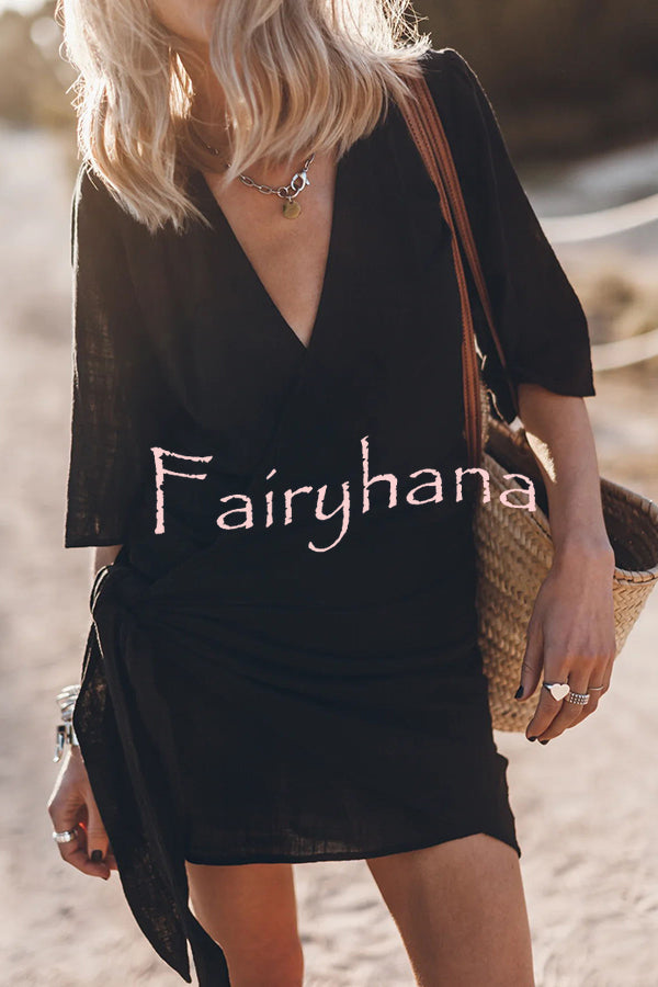 Easy Breezy Cotton Linen Blend Knotted Wrap Mini Dress