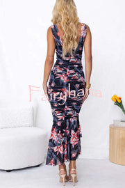 Styled To Perfection Floral Ruched Mesh Overlay Ruffle Hem Maxi Dress