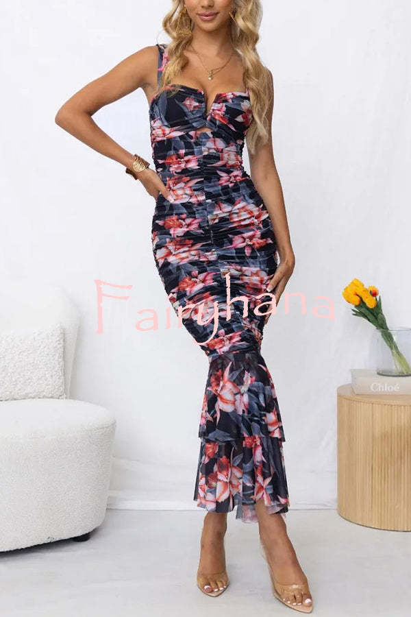 Styled To Perfection Floral Ruched Mesh Overlay Ruffle Hem Maxi Dress