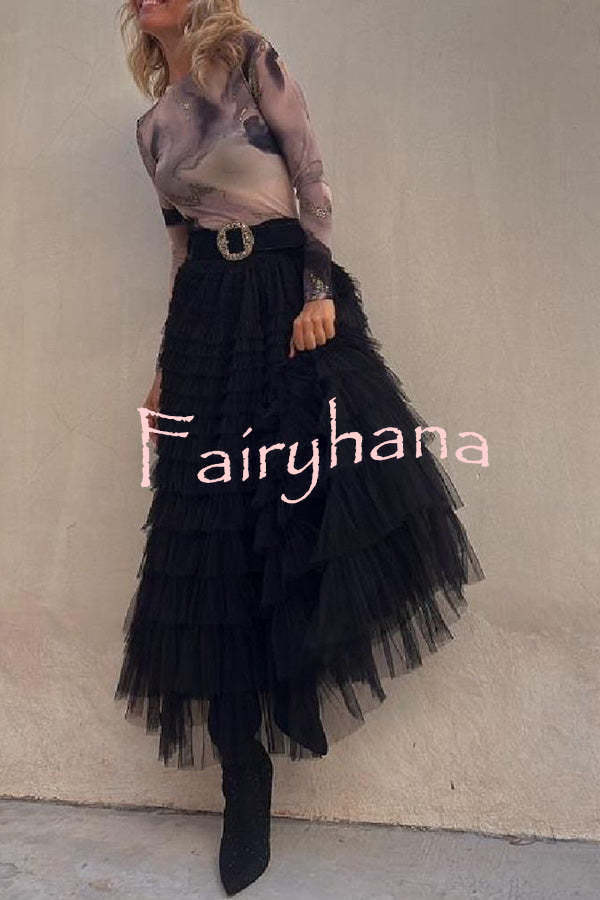 Be Your Own City Queen Tiered Elastic Waist Tulle Maxi Skirt