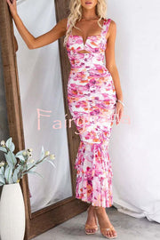 Styled To Perfection Floral Ruched Mesh Overlay Ruffle Hem Maxi Dress