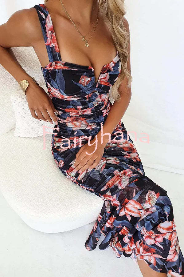 Styled To Perfection Floral Ruched Mesh Overlay Ruffle Hem Maxi Dress