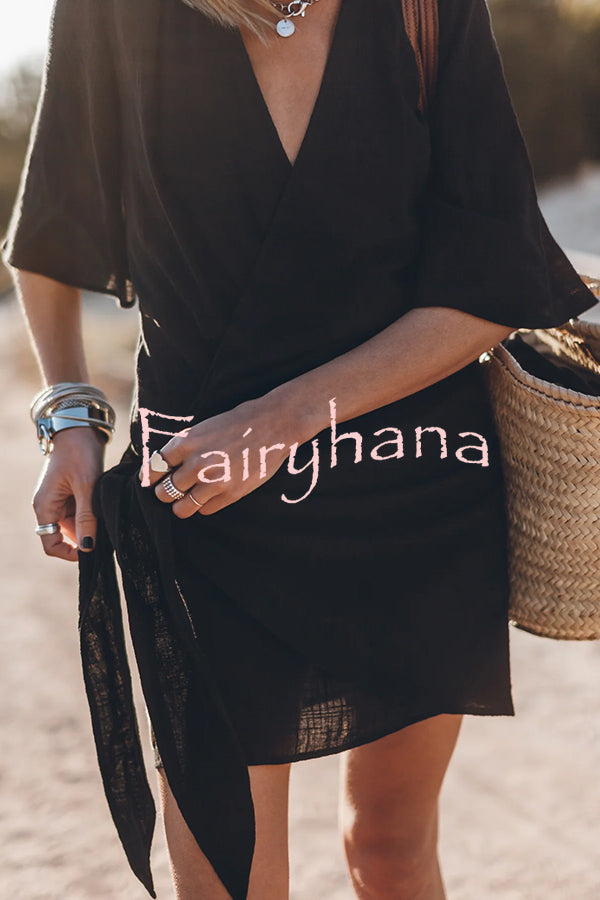 Easy Breezy Cotton Linen Blend Knotted Wrap Mini Dress