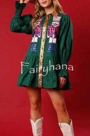 Nutcracker Sequined Button Down Long Sleeve Mini Dress
