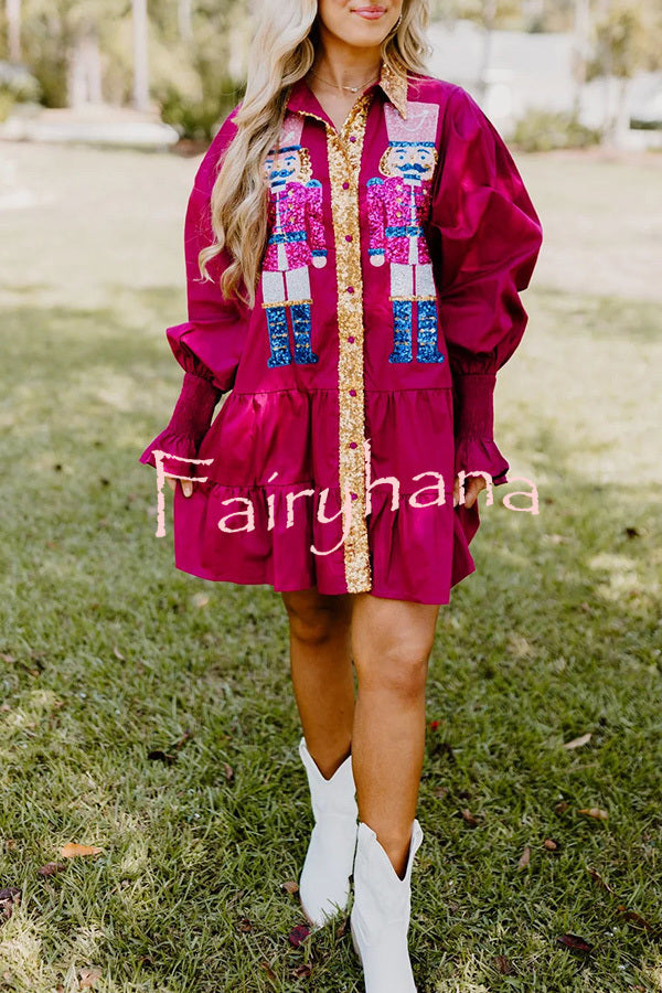 Nutcracker Sequined Button Down Long Sleeve Mini Dress