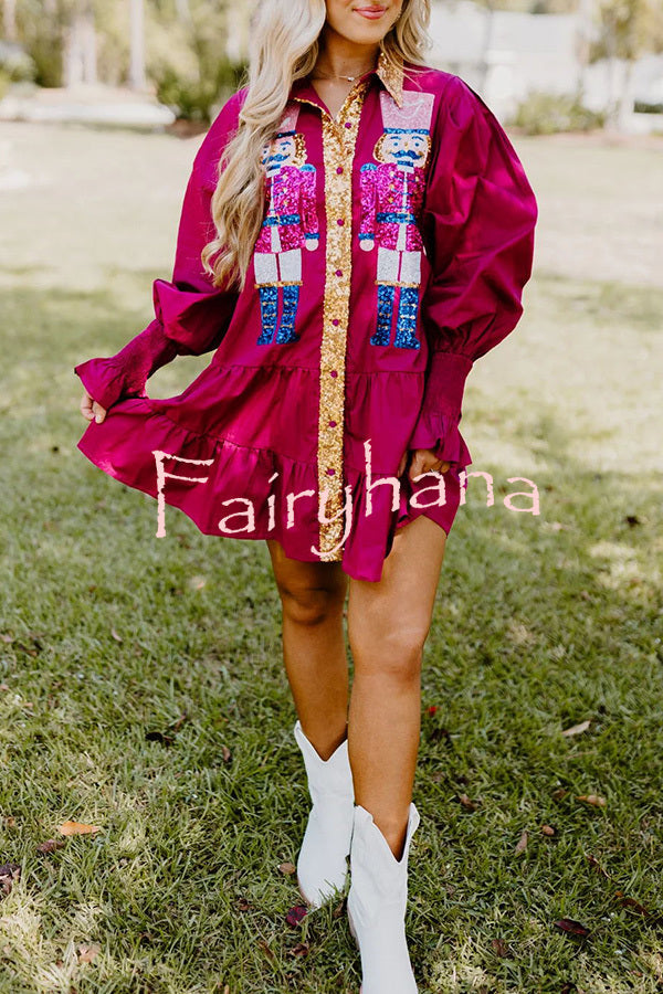 Nutcracker Sequined Button Down Long Sleeve Mini Dress