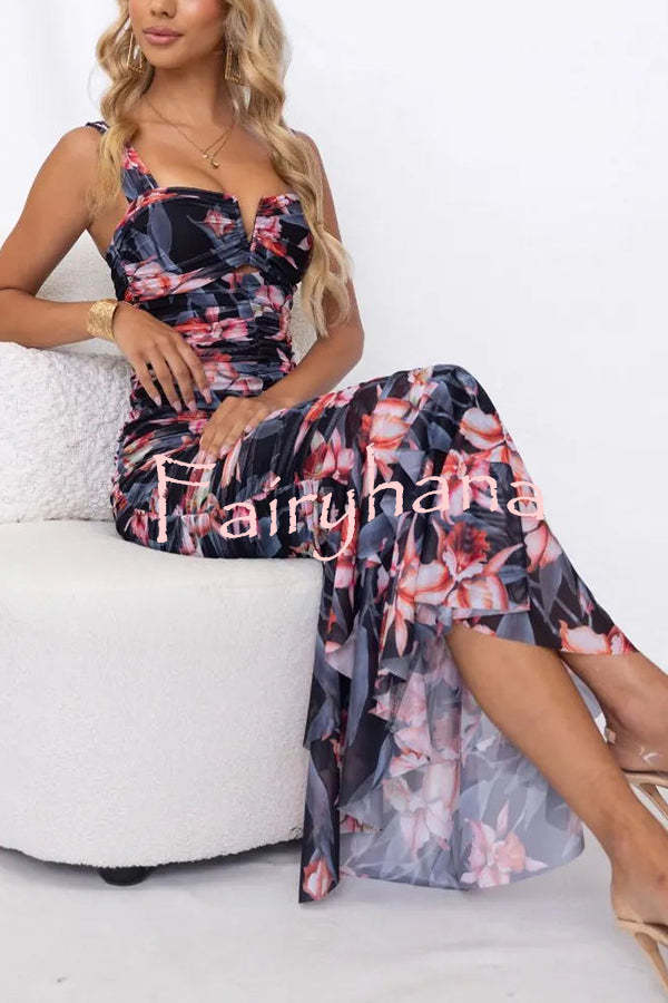 Styled To Perfection Floral Ruched Mesh Overlay Ruffle Hem Maxi Dress