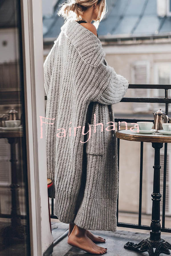Chunky and Warm Knit Button Pocketed Oversized Midi Cardigan