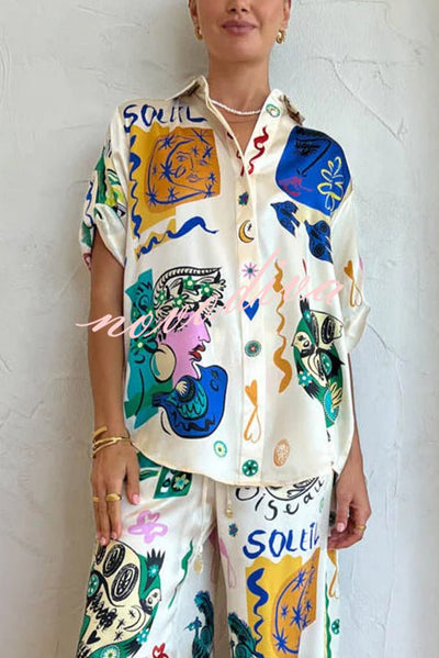 Sun Tribe Satin Unique Print Button Down Oversized Blouse