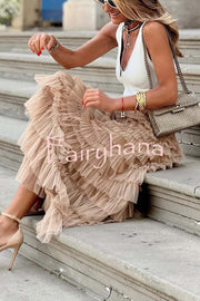 Be Your Own City Queen Tiered Elastic Waist Tulle Maxi Skirt