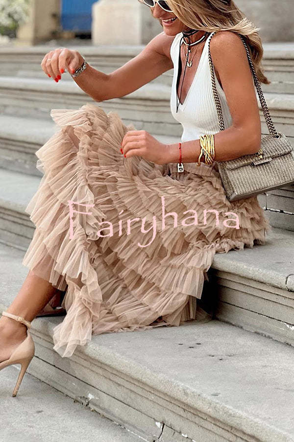 Be Your Own City Queen Tiered Elastic Waist Tulle Maxi Skirt