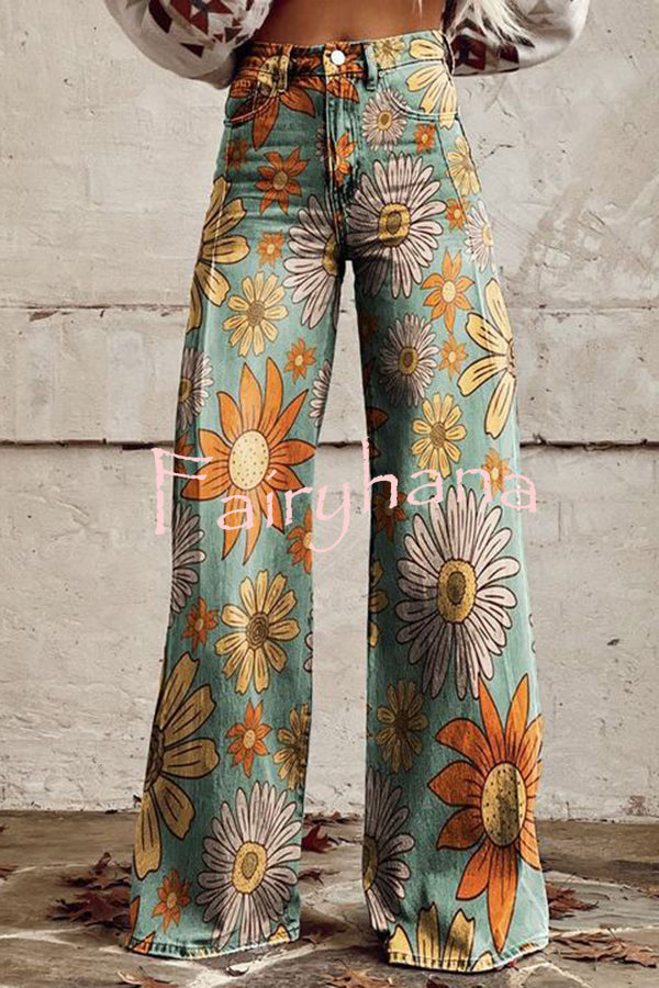 Casual Floral Print Button Pocket Wide Leg Pants