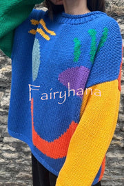 Feel Good Knit Colorful Smiley Face Loose Pullover Sweater