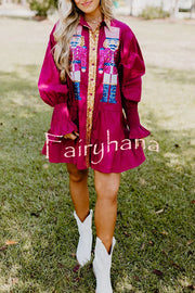 Nutcracker Sequined Button Down Long Sleeve Mini Dress