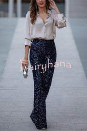 Diva Velvet Sequin High Rise Elastic Waist Flare Pants