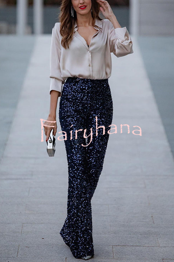Diva Velvet Sequin High Rise Elastic Waist Flare Pants