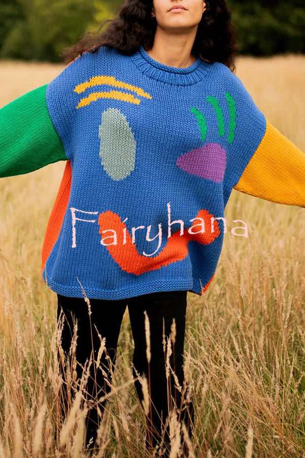 Feel Good Knit Colorful Smiley Face Loose Pullover Sweater