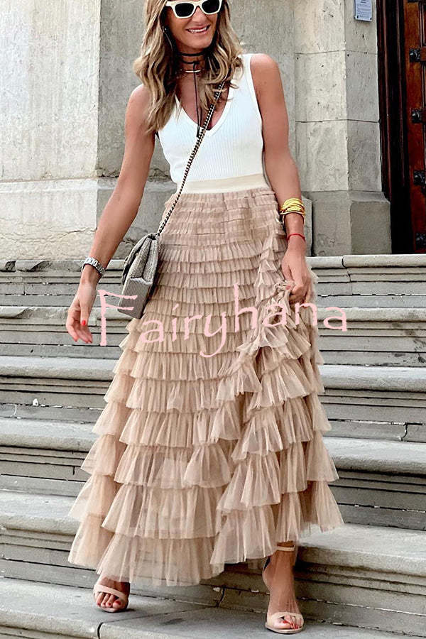 Be Your Own City Queen Tiered Elastic Waist Tulle Maxi Skirt