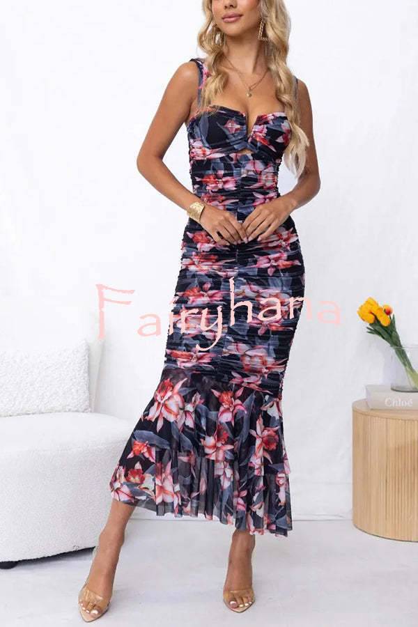 Styled To Perfection Floral Ruched Mesh Overlay Ruffle Hem Maxi Dress