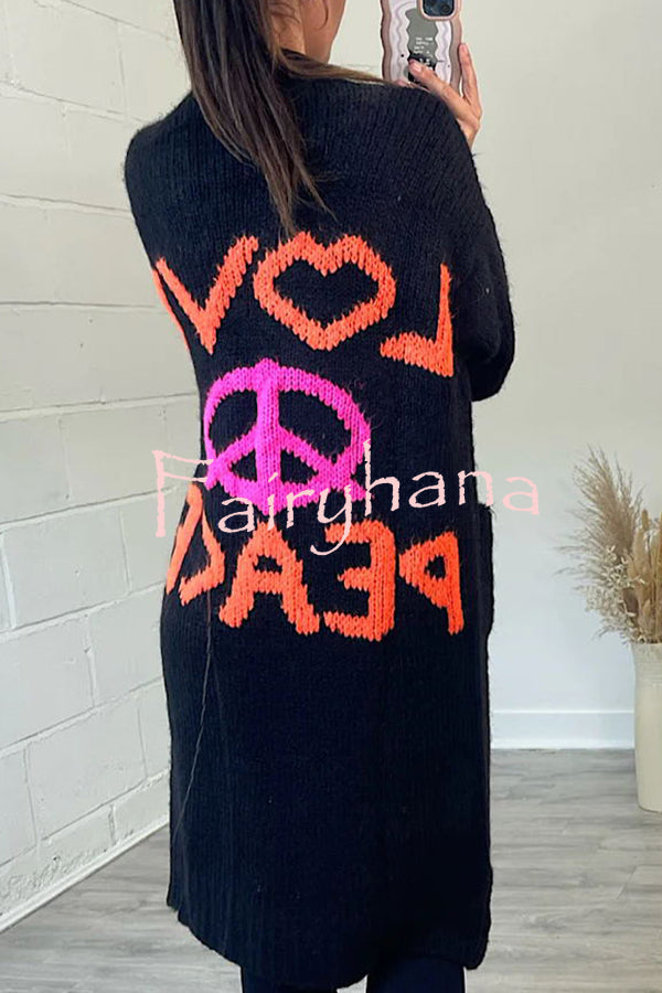 Neon Love Peace Chunky Knit Pocket Straight Midi Cardigan