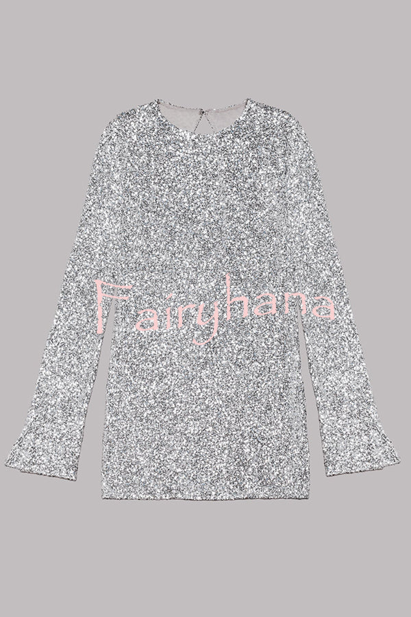 Flash Focus Sequin Extra Long Slit Sleeves Open Back Mini Dress