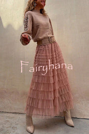Be Your Own City Queen Tiered Elastic Waist Tulle Maxi Skirt