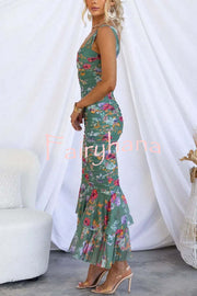 Styled To Perfection Floral Ruched Mesh Overlay Ruffle Hem Maxi Dress