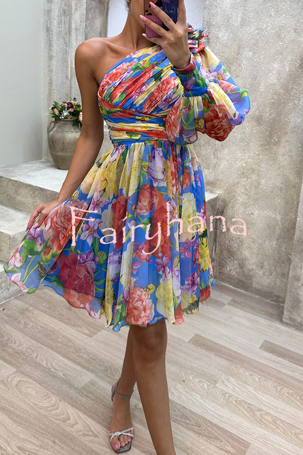 Vivid Visions Floral Print Pleated One Shoulder Sleeve Swing Mini Dress