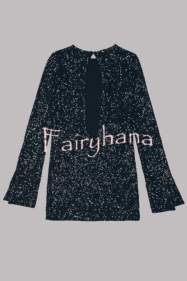 Flash Focus Sequin Extra Long Slit Sleeves Open Back Mini Dress