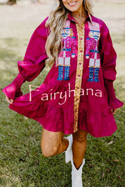 Nutcracker Sequined Button Down Long Sleeve Mini Dress