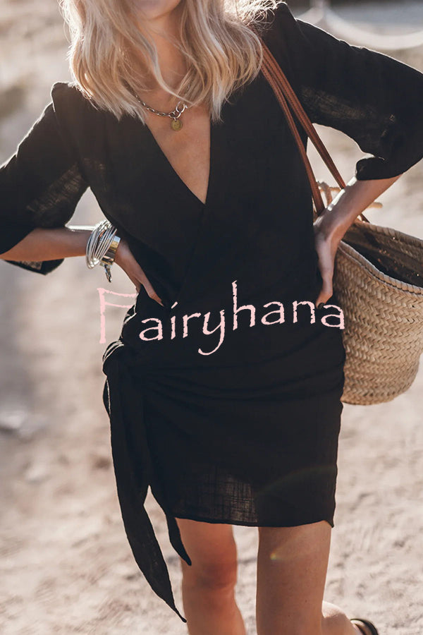 Easy Breezy Cotton Linen Blend Knotted Wrap Mini Dress